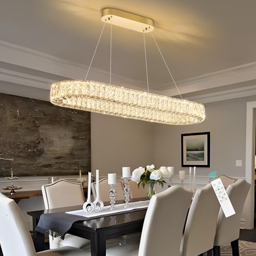 Oval Crystal Gold Chandelier Modern Dimmable LED Chandeliers for Dining Room Rectangular Light Fixture with Remote for Living Room Kitchen Light