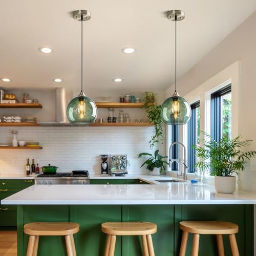 Gray Green Glass Pendant Lights Kitchen Island Lighting Globe Pendant Light Fixtures Modern Pendant Lighting for Kitchen Island Bedroom Living Dining Room Light Fixture (3 Count)