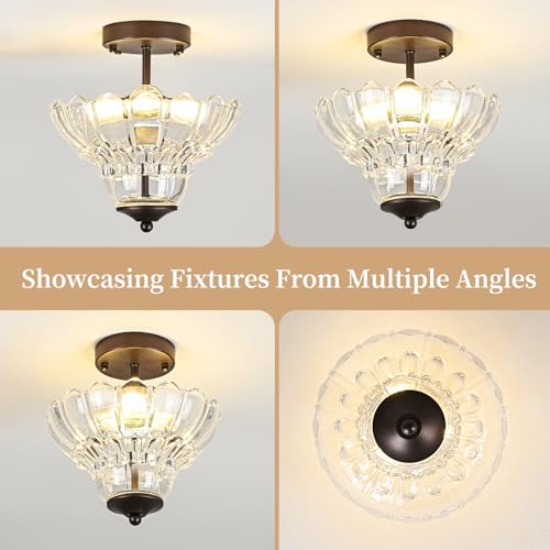 Vintage Oil Rubbed Bronze Semi Flush Mount Light with Floral Class Shade (Oil-Rubbed Bronze)