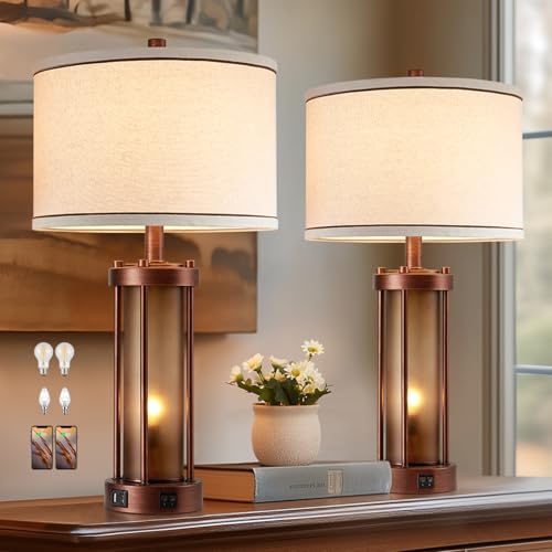 Set of 2 Farmhouse Table Lamps for Living Room with 2 USB Ports (2 Count)