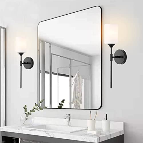 Mid Century Modern Wall Lamp 2 Pack with White Cylinder Glass Shades Matte Black Wall Sconce Bathroom Vanity Lighting Industrial Farmhouse Wall Light Fixtures for Mirror Bedroom Living Room (2 Count)