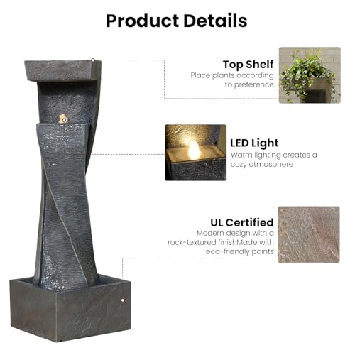 47.2" H Garden Fountains Outdoor Modern Water Fountain Indoor Floor Standing Large Waterfall with LED Lights and Pump for Patio Decor