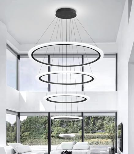 Modern LED Dimmable Chandelier 5 Ring High Ceiling Large Chandelier for Living Room Hanging Light Fixture for Foyer Staircase Black