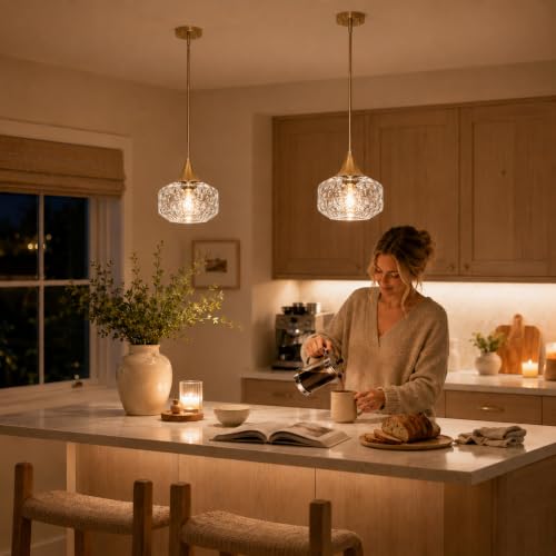 DSMJFU Gold Kitchen Island Pendant Lights with Hammered Glass for Island
