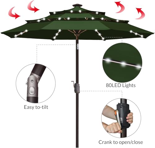 USA 10-Year-Non-Fading 9ft 3-Tier Market Patio Umbrella, Commercial Table Umbrella with 80 Solar LED Lights, Crank Open, Windproof & UPF 50+ UV Protection for Garden, Deck, Pool, Backyard, Fern