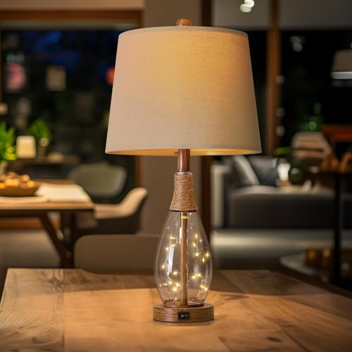 23" USB A+C Table Lamp for Bedroom Living Room Modern Bedside Lamps Retro Farmhouse Rattan Glass Nightstand Nightlight Lamps