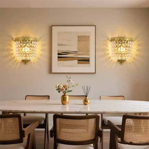 Vintage Crystal Wall Sconces Set of 2 Hardwired Brushed Brass Finish (2 Count)