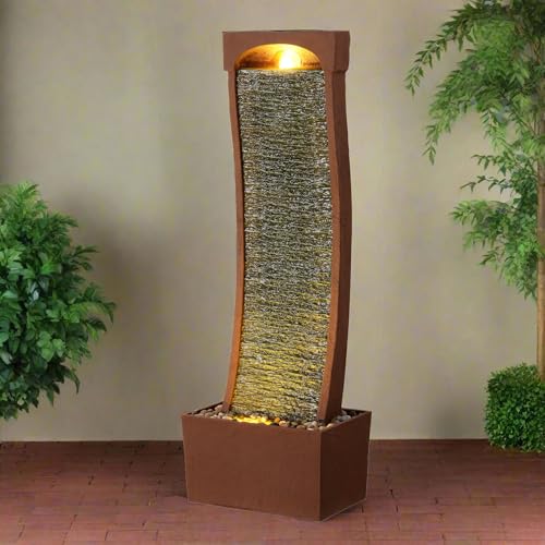 38.5" Indoor Outdoor Modern Curved Faux Slate Waterfall Fountain with LED Lights