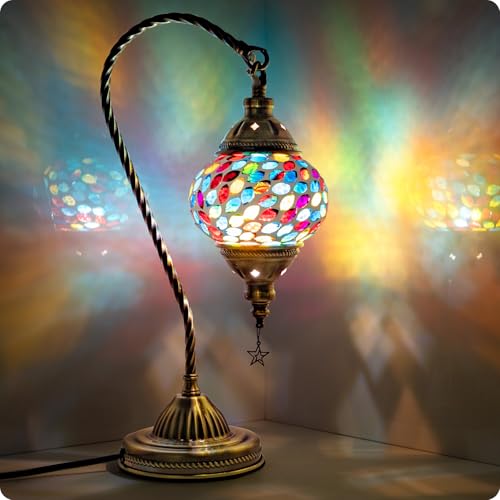 Turkish Moroccan Lamp with Bronze Base 3 Color Options Handmade Swan Neck Mosaic Glass Bedside Lamps for Bedroom