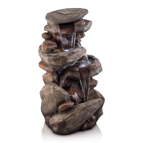 40" 4 Tier Rock Floor Fountain with Cascading Water & White LED Lights
