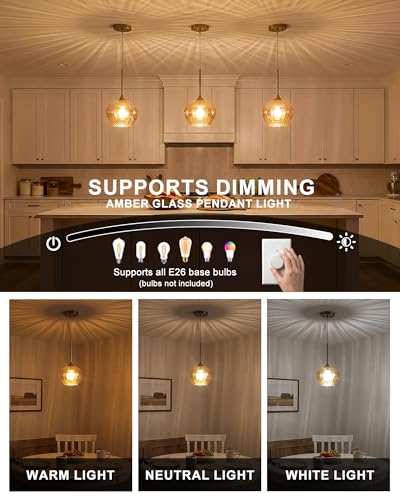 2 Pack Amber Glass Pendant Lights Kitchen Island with Brushed Gold FInish (2 Count)