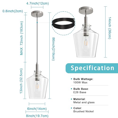 Glass Pendant Lighting for Kitchen Island Foyer 1 Pack Nickel Clear 8 Inch