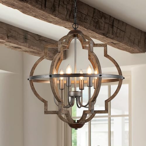 6 Light Wood Farmhouse Chandelier for Dining Room Hallway