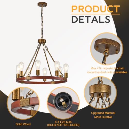 Farmhouse Wagon Wheel Chandelier 24" Rustic Gold Chandelier for Dining Room