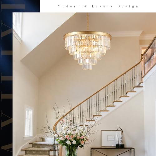 Large Crystal Chandelier 30”Modern Gold Foyer Chandeliers Light Fixture