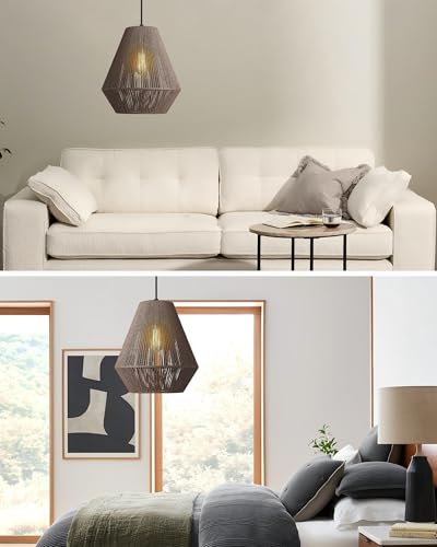 12” Woven Japandi Pendant Light for Kitchen Island Boho Hanging Lamp with Handwoven Rattan Basket Shade Adjustable Pendant Light Fixtures for Dining Room Bar Bedroom Foyer Hallway Dark Brown