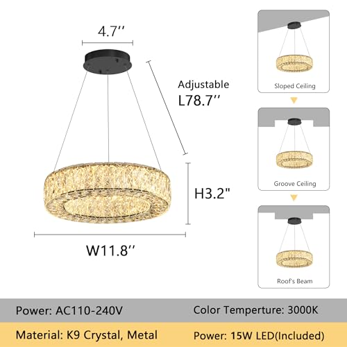 Modern Chandelier for Dining Room Dimmable LED Pendant Lights for Kitchen Island Lighting Gold Ring Crystal Chandeliers for Bedroom Entrance Living Room