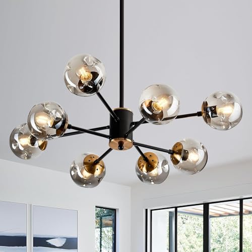 8 Light Sputnik Chandelier with Glass Globe Black and Gold Dinning Light Fixture Modern Mid Century Ceiling Light for Lliving Room Master Bedroom Kitchen