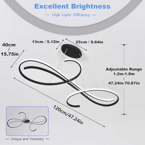 47.24" Led Chandelier Light Fixture Dimmable Black Modern Chandelier for Dining Room Kitchen Island Lighting Adjustable Height Led Pendant Light Ceiling Hanging