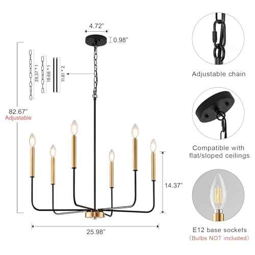 6-Light Black and Gold Dining Room Chandelier Light Fixture | Modern Farmhouse, Height Adjustable, Hanging Lights with Chain, For Living Room, High Ceiling Entryway, Bulbs Not Included