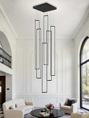 Modern Chandeliers for Entryway High Ceiling Large Rectangle Chandelier LED Dimming Black Contemporary Chandelier for Staircase Foyer 2700k
