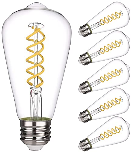 ST19(ST58) LED Edison Bulb, Vintage,6 Pack,Natural White 4000K, Antique Flexible Spiral LED Filament Light Bulb, Dimmable, 600LM, 6W Equivalent to 60W, E26 Base,Clear Glass (6 Count)
