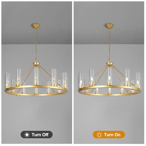 12 Lights Gold Chandelier Wagon Wheel Chandelier with Clear Glass Shade Round Industrial Pendant Lighting Fixture for Stair Living Room Foyer Kitchen