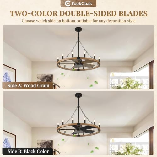 Farmhouse Wagon Wheel Chandelier with Fan 35" Rustic Wood Ceiling Fan Light