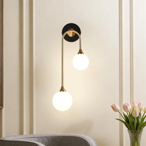 Mid Century Modern Wall Sconce Black and Gold Milk Glass Sconces with Double Ball Hardwired Wall Light for Bedside Bedroom Bathroom Living Room Corridor G9 Base