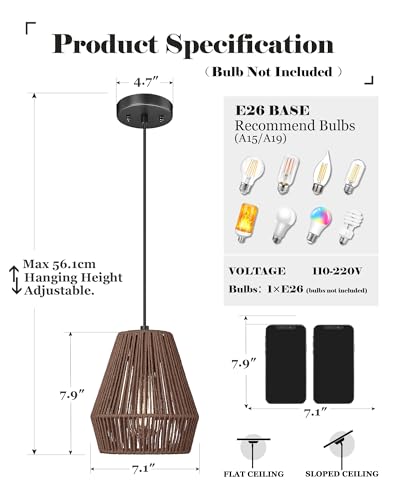 Woven Pendant Lights 7” Rustic Rattan Hanging Lamp Adjustable Handwoven Basket Shade Boho Pendant Light Fixtures for Kitchen Island Dining Room Bedroom Bar Foyer Hallway Japandi Dark Brown