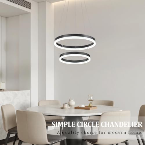 Modern Black Led Chandelier 2 Rings Dimmable LED Chandeliers with Remote Control Light Fixture for Kitchen Island Height Adjustable Chandelier Led Pendant Light for Living Room Dining Room