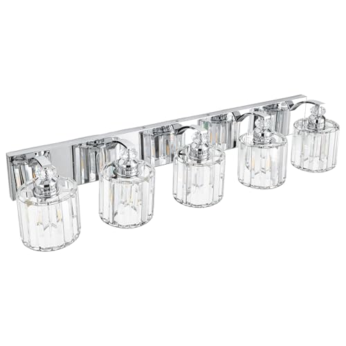 5 Light Modern Bathroom Light Fixture Chrome Vanity Lights Over Mirror Wall Sconce Lighting with K9 Crystal Shades Bathroom Wall Lamp E26 Base for Bedroom
