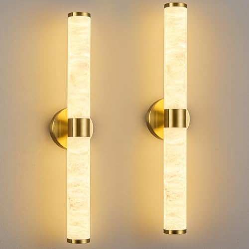 Natural Alabaster Wall Sconces Set of Two Modern Gold LED Wall Lights 24" Spanish Marble Cylinder Sconces for Living Room Bedroom Bathroom Hallway Staircase (2 Count)