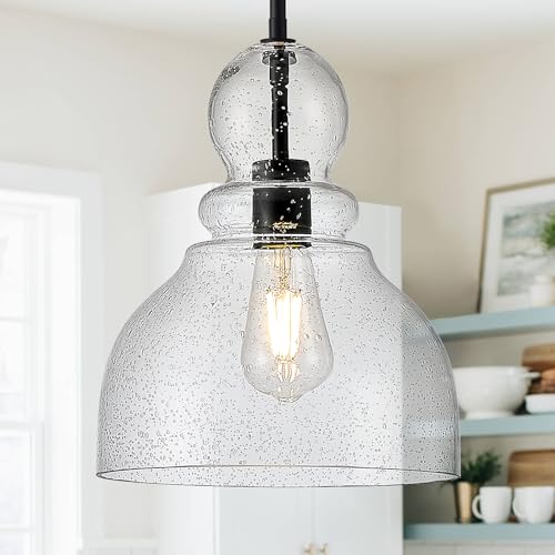 10" Seeded Glass Pendant Lights Kitchen Island Black Pendant Ceiling Light with Hand
