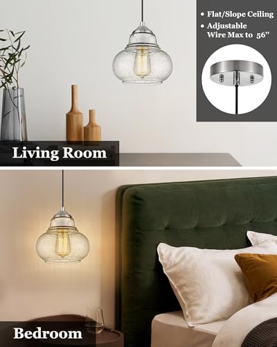 8 Inch Bubble Glass Pendant Light Industrial Kitchen Island Globe Hanging Pendant Light Fxiture Modern Hand Blown Seeded Glass for Farmhouse Dining Room Bar Bedroom Living Room Brushed Nickel