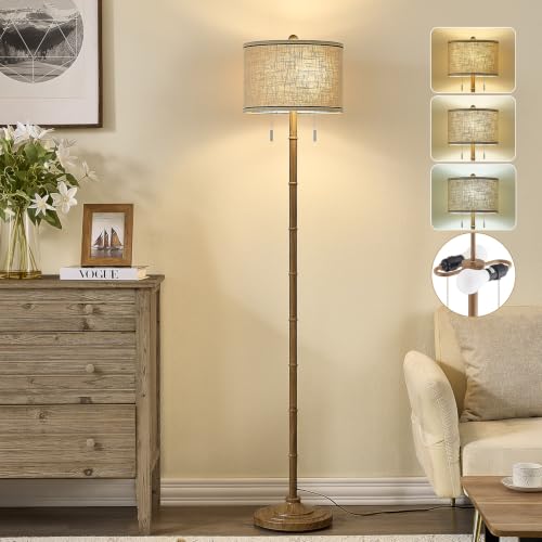 Upgraded 2 Light Mid Century Floor Lamp for Living Room (Walnut)