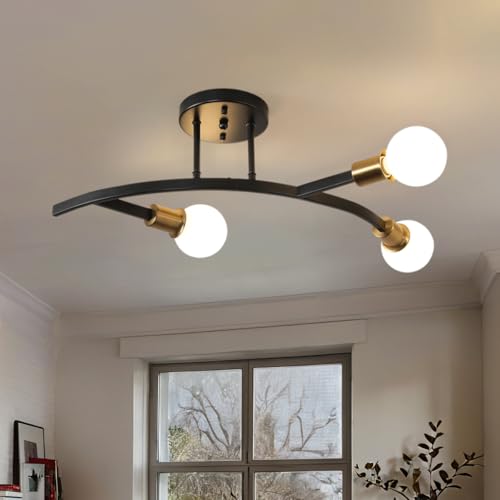 3 Lights Modern Sputnik Semi Flush Mount Ceiling Light Fixture Black and Gold