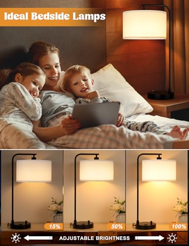 White Side Table Lamp with USB Port and Outlet