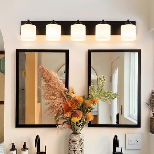 5 Light Black Bathroom Vanity Light with White Glass Shades