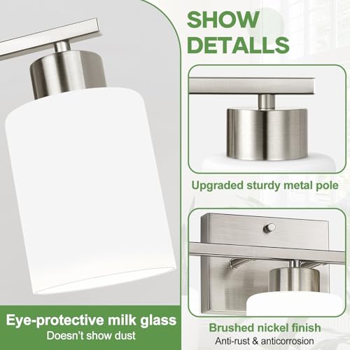 Brushed Nickel Bathroom Light Fixtures with Milk Glass Shades