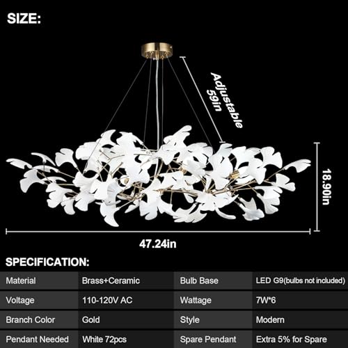 Tree Branch Chandelier White Ceramic Ginkgo Leaf Chandeliers L47 Inch Brass Rectangle Chandelier Large Luxury Hanging Lights Fixture for Dining Room Living Room