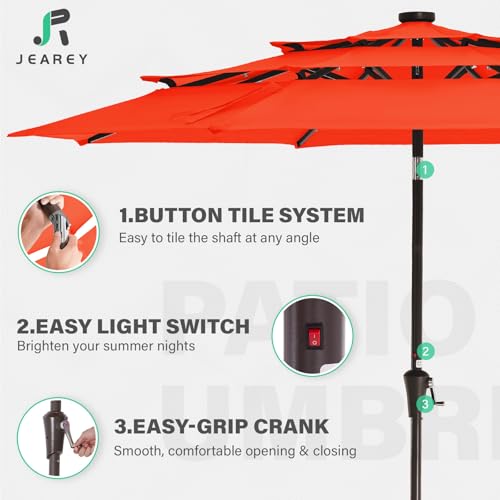 3 Tiers Patio Umbrella with Solar Lights 9ft Outdoor Market Table Umbrellas with Push Button Tilt for Outside Pool Garden