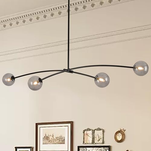 Black Sputnik Chandelier with Smoke Glass Globe 4 Lights L51 Inch