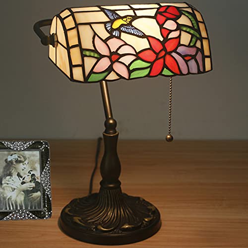 Bird Lamp Tiffany Style Bankers Lamp Table Lamp Stained Glass Bird Flower Lamp Shade Piano Desk Lamp Vintage Bedroom Bedside Lamp for Livingroom Office Study
