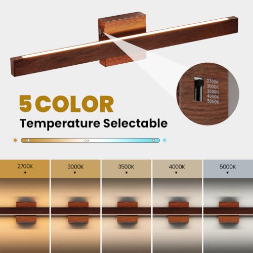 Bathroom Vanity Light 24 Inch Brown Wood Finish Bathroom Light Fixture Over Mirror with Up & Down Lighting 20W Dimmable 5CCT LED Vanity Lighting Fixture Bar for Restroom Bedroom