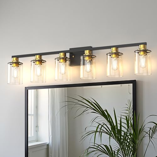 6 Light Black and Gold Bathroom Light Fixture Over Mirror