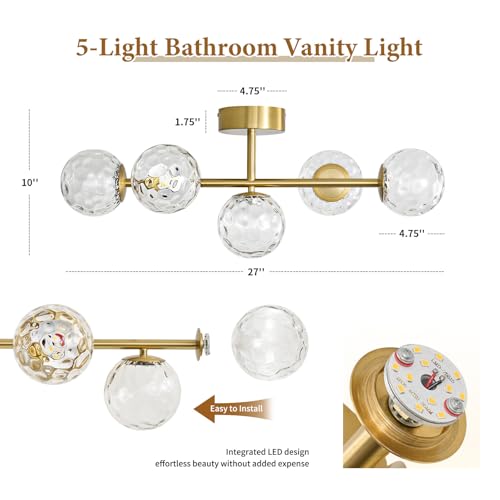 LED Brushed Gold Modern Hammered Glass Globe Bathroom Vanity Light
