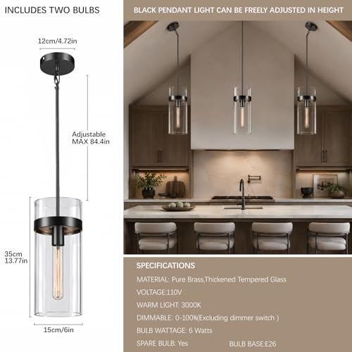 6 Inch Black Pendant Lights Kitchen Island 2 Pc