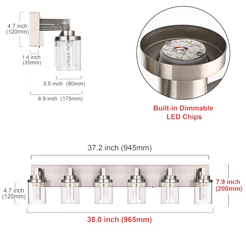 6 Light LED Bathroom Light Fixtures Brushed Nickel 3000K