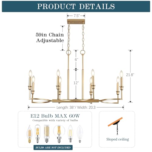 8 Light Candelabra Chandelier Dining Room Gold Chandeliers 38in (8 Count)